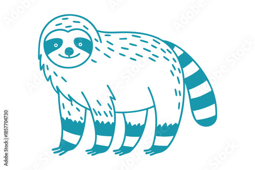 Stylized sloth with striped tail smiles, outlined in blue against a white background