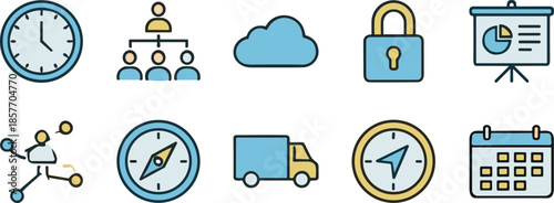 Business management icon set showing time planning cloud security logistics navigation teamwork analytics flat vector illustration ui