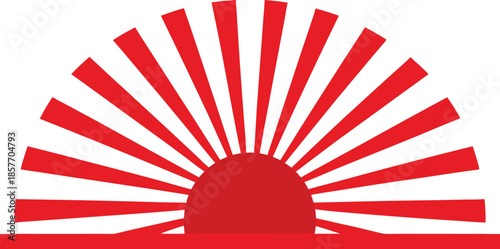 Red sun rays emanating from a red circle on white