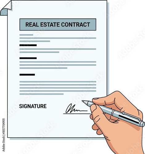 Hand signing a real estate contract document representing legal agreement and property transaction isolated on white background
