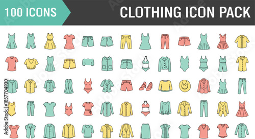Clothing icon pack, fashion symbol set, apparel graphics, outfit icons, garment visuals, wardrobe elements, flat vector illustration