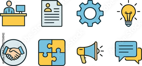 Business workflow icons set showing teamwork communication strategy innovation management recruitment marketing and collaboration concepts illustration