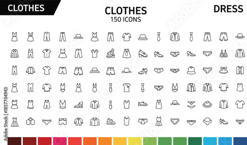 Clothing icon set, fashion symbols, apparel elements, outfit graphics, garment visuals, wardrobe icons, dress chart, flat vector illustration