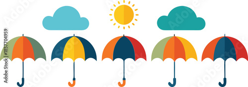Five colorful umbrellas under clouds and sun rain weather