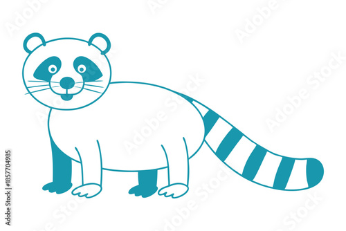 Teal outline reveals playful raccoon with striped tail standing on a white backdrop