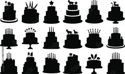 Cake silhouette icons, black vector desserts, birthday cakes, celebration sweets, decorative toppers, layered treats, festive pastry set