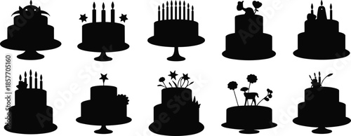 Cake silhouette icons, black vector desserts, birthday toppers, celebration sweets, party treats, layered pastry set, isolated