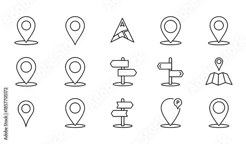 Minimal location pin outline icon vector set with modern map pointer navigation symbols