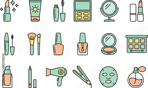 Cosmetic icons, beauty products, makeup tools, skincare items, lipstick, foundation, perfume, hair dryer, mirror, compact, brushes