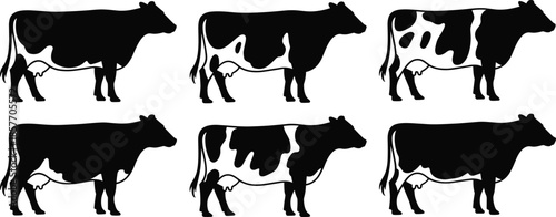 Cow silhouettes, black vector icons, dairy animal, farm livestock, spotted cow, side profile, cattle clipart, animal bundle, silhouette set, milk cow, rural design, farm creature,