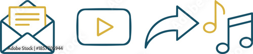 Digital media icons, email, video play, share arrow, music notes, communication, content workflow, audio, messaging, playback