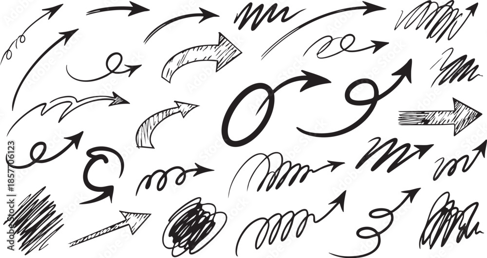 Obraz premium A diverse collection of hand-drawn arrows and scribbles in various styles and directions, perfect for design elements and visual communication.