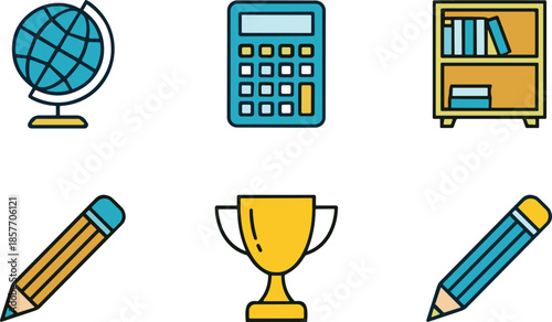 Education icons, academic tools, globe, calculator, bookshelf, pencil, trophy, learning, school supplies, achievement, study, success