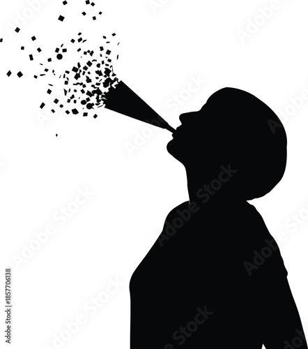 Person silhouette blowing party horn with confetti explosion for happy birthday celebration or new year eve event showing excitement and joy fun graphic design art.