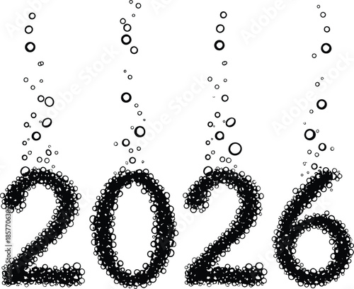 Happy New Year 2026 number typography made of rising bubbles resembling champagne fizz or soda carbonation for holiday celebration event greeting card poster art.