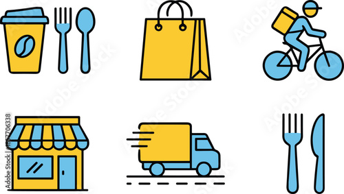 Food delivery icon set, coffee cup, shopping bag, storefront, bicycle courier, delivery truck, utensils, restaurant, service