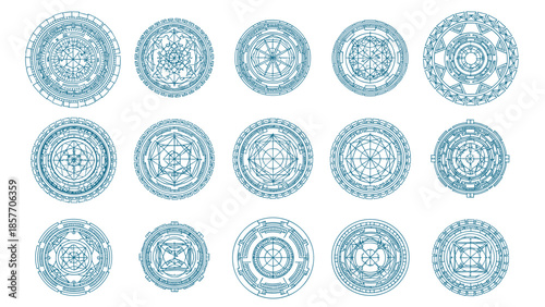 Futuristic Art Deco HUD Circle with Neon Blue Ziggurat Borders and Geometric Data Elements

