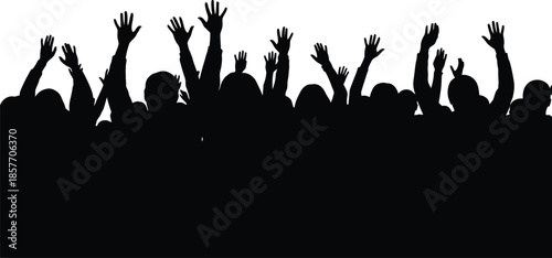 Large crowd of people silhouette with raised hands cheering at music concert or festival event showing excitement and energy of big audience group having fun party.