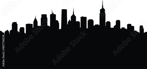 Panoramic Black City Skyline Silhouette With Tall Skyscrapers And Urban Buildings For Metropolis Landscape Banner Design Element In Stylish Monochrome Graphic.