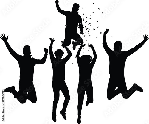 Energetic Group Of Happy Friends Silhouette Jumping High And Cheering Together For Success Celebration Or Teamwork Concept In Stylish Black Monochrome Graphic Art.