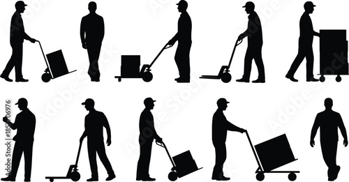 Manual handling silhouettes, warehouse workers, pallet jack icons, hand truck usage, logistics theme, black vector shapes, workplace safety, transportation tasks, occupational roles