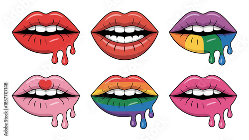 Six colorful lips with dripping lipstick designs