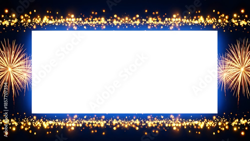 Golden Sparkles Border Frame with Fireworks and Blank Copy Space for Text