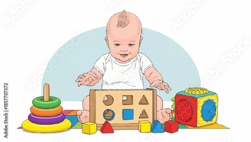 Baby playing with shape sorter and stacking rings.