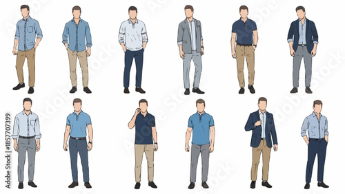 Collection of diverse mens fashion styles and outfits.