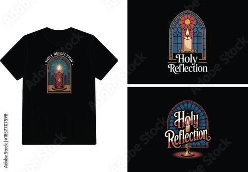 Black t shirt displaying a stained glass candle design with text