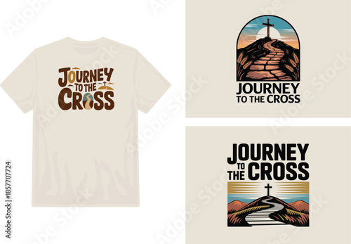 A cream t shirt featuring a religious design journey to the cross imagery