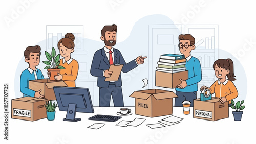 Team Relocating Office, Packing Belongings and Documents for Moving.