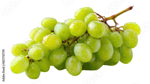 Fresh green grapes bunch showing ripeness and healthy texture, covered in water droplets with a transparent background