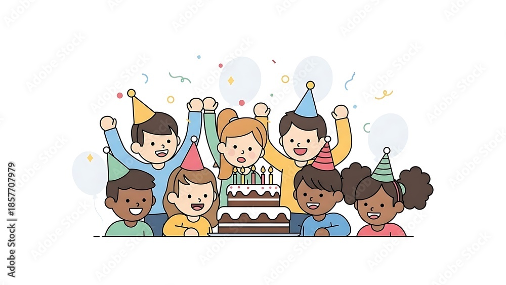 Fototapeta premium Children Celebrating Birthday Party with Cake and Hats