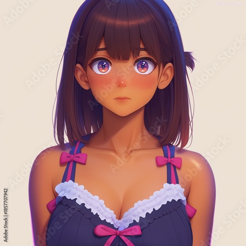 A Japanese anime style illustration of a young girl with shoulder-length brown hair and purple eyes looking shy and blushing