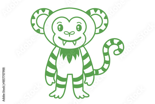 A playful green monkey with a striped tail is standing and smiling cheerfully