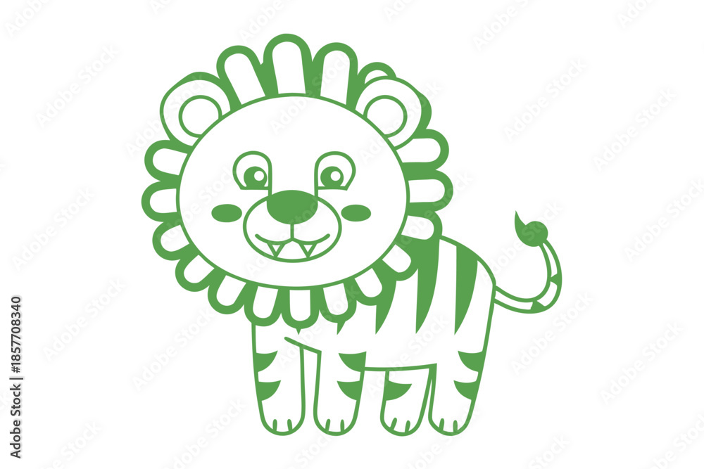 Fototapeta premium An outlined green cartoon lion with stripes and fluffy mane appears cheerfully