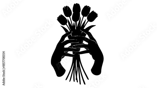 A simple, yet elegant black and white silhouette of hands cradling a bouquet of tulips. The flowers are in full bloom, symbolizing freshness, beauty and spring