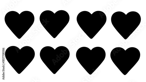 Eight black heart shapes arranged in a grid, ideal for conveying feelings of love and affection. Each heart is a solid silhouette.