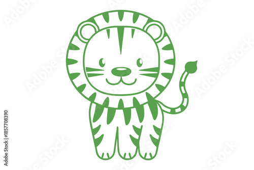 Adorable cartoon tiger cub stands playfully, its green silhouette on bright white