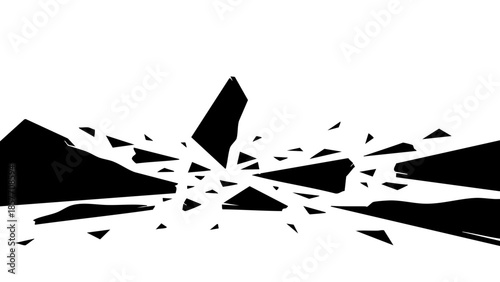 Shattered black shapes against a blank backdrop, symbolizing disruption and fragmentation