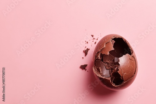Chocolate Easter egg broken in half on pastel pink background with creative copy space Minimal Easter holiday concept.
