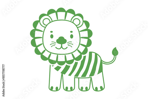 Green stylized lion with stripes and cute cartoonish features stands on a white background