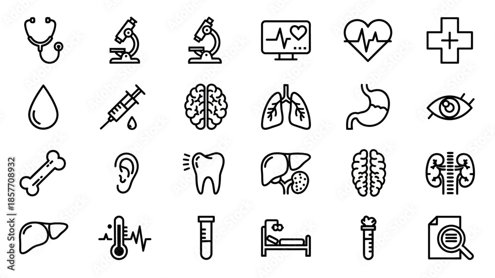 Naklejka premium Medical Icons Collection - Essential Healthcare Symbols for Diagnosis and Treatment.