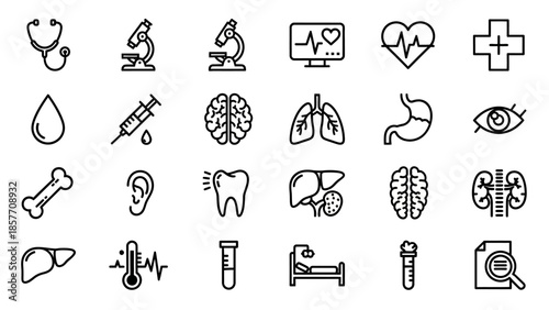 Medical Icons Collection - Essential Healthcare Symbols for Diagnosis and Treatment.