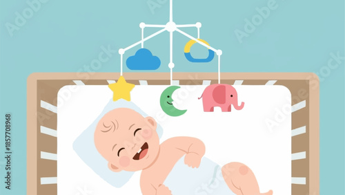 Happy Baby in Crib with Mobile Toy.