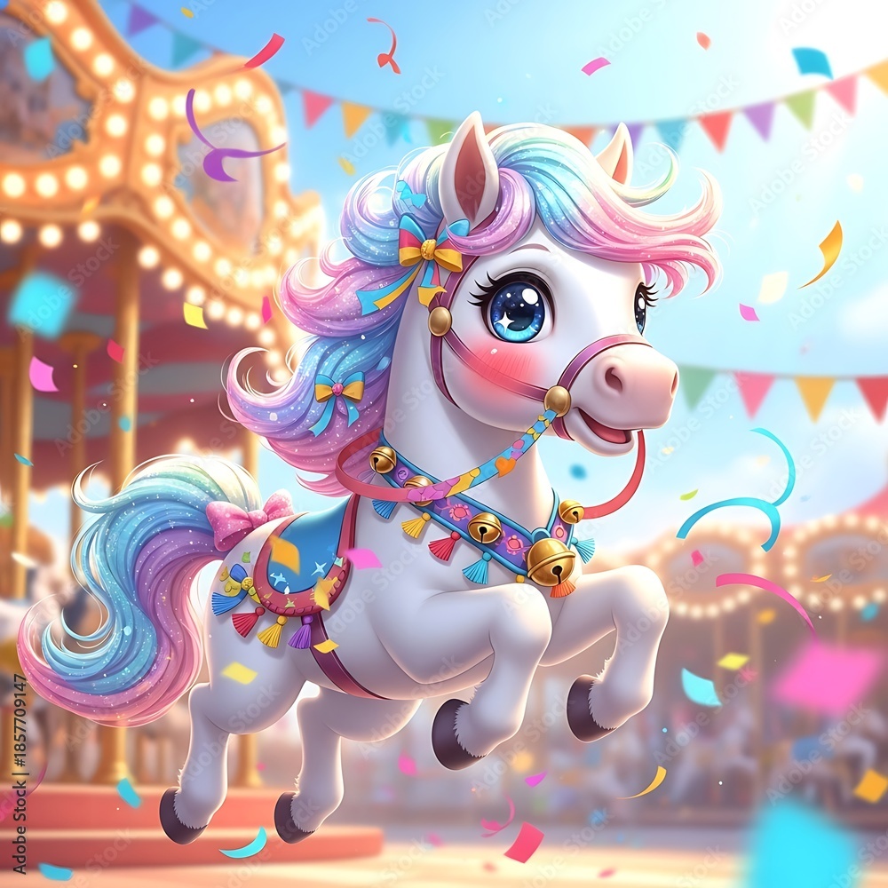 Naklejka premium White Horse in Carnival Setting