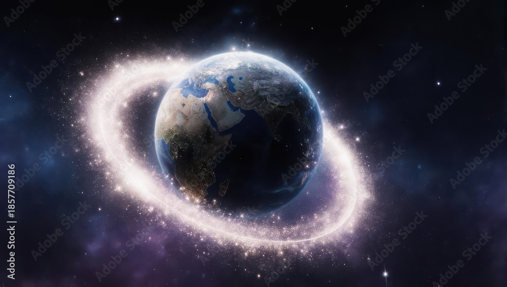 Obraz premium Earth with a glowing ring in space, digital art.