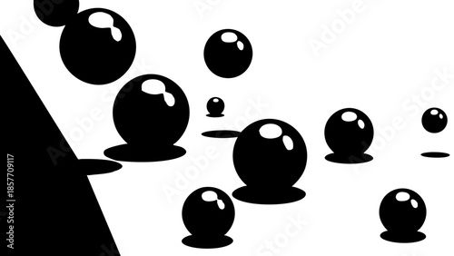 Abstract image of glossy black spheres with drop shadow. A conceptual art piece with a unique and minimalist style. 