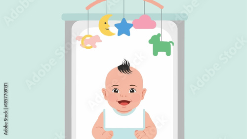 Happy Baby in Crib with Mobile Toys Illustration.
